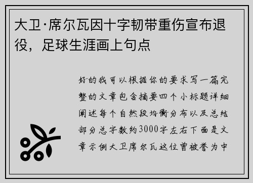 大卫·席尔瓦因十字韧带重伤宣布退役，足球生涯画上句点