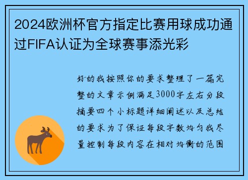 2024欧洲杯官方指定比赛用球成功通过FIFA认证为全球赛事添光彩